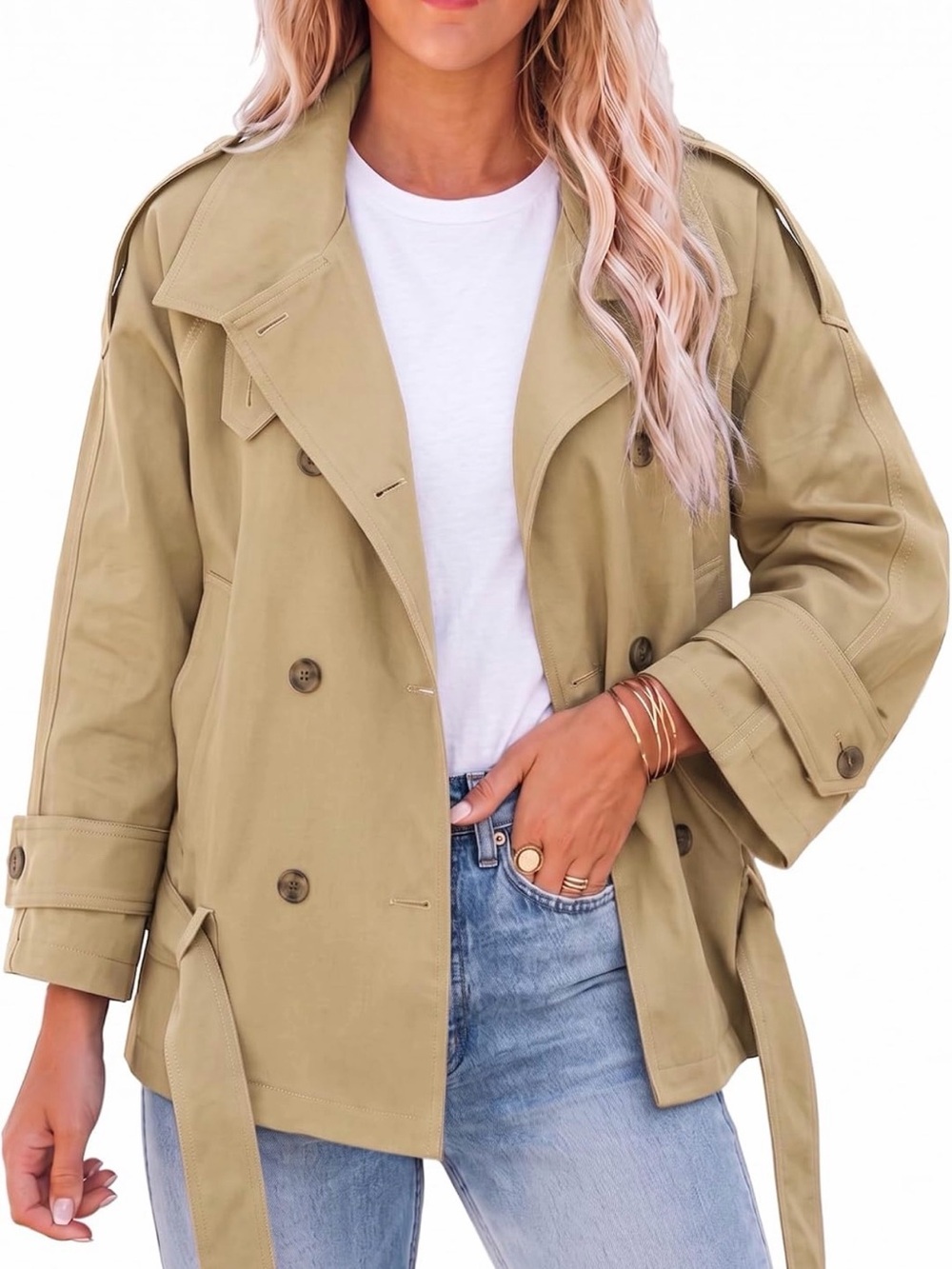 Amazon Olive Short Double-Breasted Trench Coat